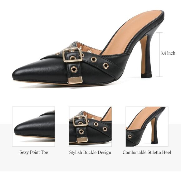 🆕Slingback Kitten Heel Women Black Polyurethane Studded Closed Pointed Toe Pump - Picture 2 of 8